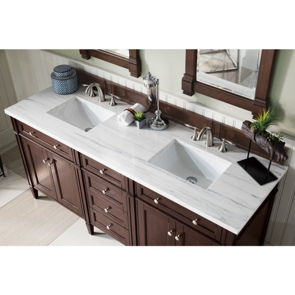 Brittany 72" Double Vanity in Burnished Mahogany with Arctic Fall Solid Surface Top