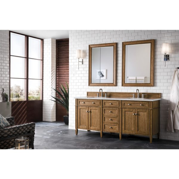 Brittany 72" Double Vanity in Saddle Brown with Arctic Fall Solid Surface Top