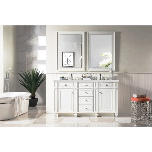 Bristol 60" Double Vanity in Bright White with Arctic Fall Solid Surface Top