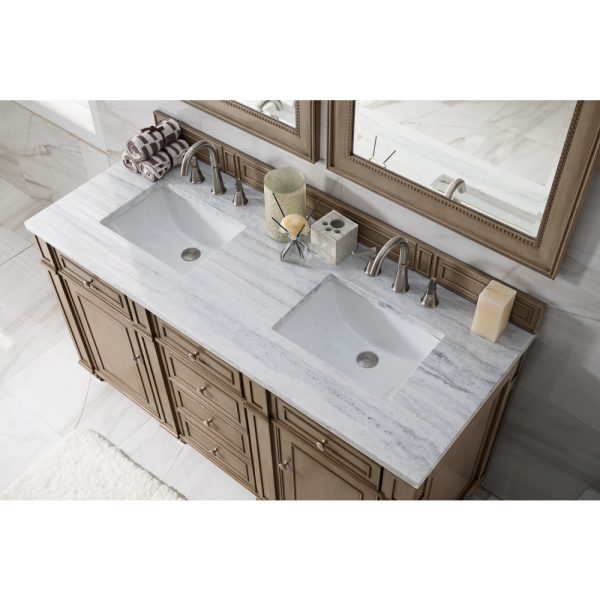 Bristol 60" Double Vanity in Whitewashed Walnut with Arctic Fall Solid Surface Top
