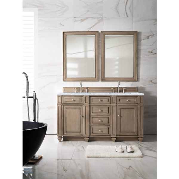 Bristol 60" Double Vanity in Whitewashed Walnut with Carrara Marble Top