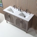 The Nara 60 inch Chestnut Oak Freestanding Bathroom Vanity boasts a modern double-sink design, white countertop, black faucets, and brown cabinet doors with arched mesh-pattern panels.