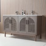 The Nara 60 inch Chestnut Oak Freestanding Bathroom Vanity features a modern double sink, white countertop, and four arched perforated cabinet doors with vertical wood slats, topped with two faucets and bathroom essentials.
