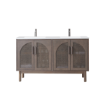 The Nara 60 inch Chestnut Oak Freestanding Bathroom Vanity offers a white countertop, double sinks with two faucets, and four rattan panel cabinet doors with arched designs, all set on four sturdy legs.
