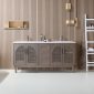 Contemporary bathroom with a Nara 72 inch Chestnut Oak Freestanding Bathroom Vanity, wood accents, arched cabinet doors, white countertop, vertical wood slat wall, gold pendant lights, white ladder shelf, and a small wall-mounted shelf.