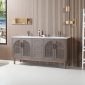Modern bathroom with a Nara 72 inch Chestnut Oak Freestanding Vanity featuring wood slat paneling, gold pendant lights, a wall shelf with decor, and a large window allowing natural light.