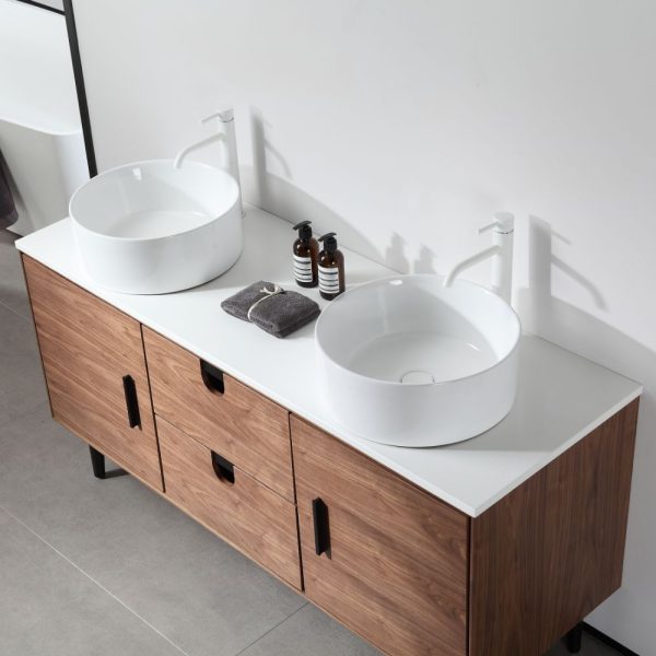 Portree 60 inch Double Bathroom Vanity With White Quartz Top and Vessel Sinks