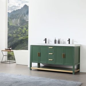 A modern bathroom features a Winchester 60 inch Double Bathroom Vanity With White Top in forest green with dual black faucets. A large window frames mountain views, and a small table with toiletries sits by the window. A gray rug subtly enhances the floors elegance.