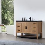 Revival 48" Pecan Oak Freestanding Bathroom Vanity, Black Countertop