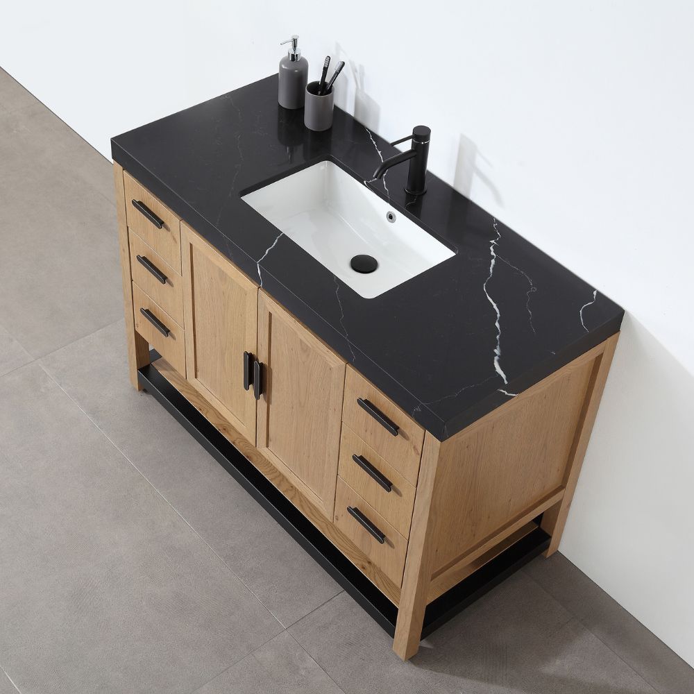 Winchester 48 inch Bathroom Vanity With Black Top - Pecan Oak