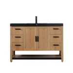 Revival 48" Pecan Oak Freestanding Bathroom Vanity, Black Countertop