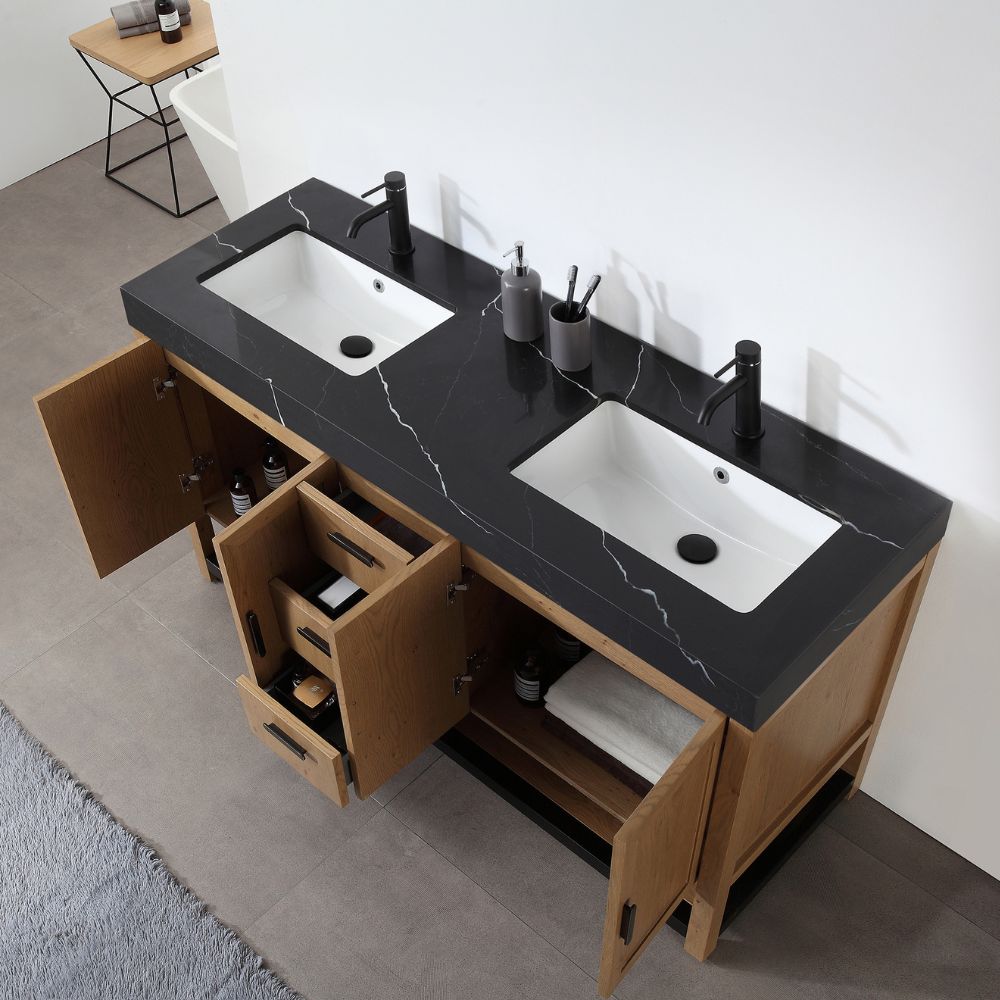 Revival 60 inch Pecan Oak Freestanding Bathroom Vanity, Black ...