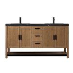 Revival 60" Pecan Oak Freestanding Bathroom Vanity, Black Countertop