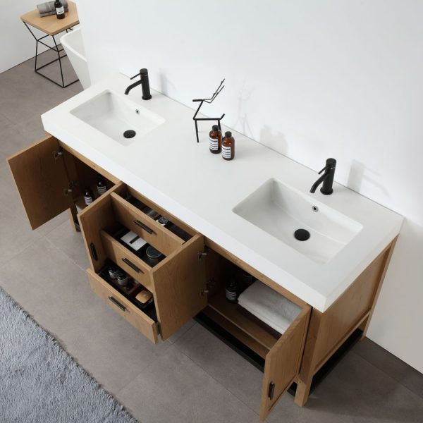 The Winchester 72-inch Freestanding Double Bathroom Vanity in Pecan Oak includes two white sinks with black faucets and an open cabinet for toiletries and towels, complementing gray floor tiles.