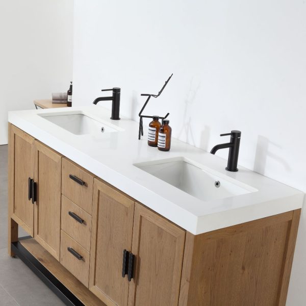 Winchester 72 inch Double Bathroom Vanity With White Top – Pecan Oak