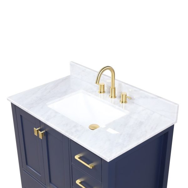 Geneva 36 inch Bathroom Vanity Navy Blue with Carrara Marble Countertop