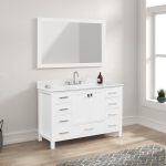 A bright, modern bathroom with the Geneva 48 inch Bathroom Vanity in matte white and Carrara marble countertop, a large mirror, silver faucet, storage drawers and cabinets, a soap dispenser, and a potted plant by the sunlit window.