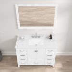 The Geneva 48 inch Bathroom Vanity in matte white features a Carrara marble countertop, rectangular sink, and silver faucet beneath a large mirror. A soap dispenser and round container on the counter complement the light floor and wall.