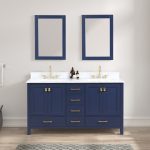 Geneva 60" double bathroom vanity in navy blue with White Carrara Marble Top