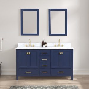 Geneva 60" double bathroom vanity in navy blue with White Carrara Marble Top
