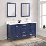 A modern bathroom features the Geneva 60 inch Bathroom Vanity in navy blue with a Carrara marble countertop, gold hardware, two rectangular mirrors, light walls and floors, plus a rug and small plant for added charm.