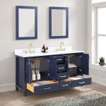 A modern bathroom showcases the Geneva 60-inch Navy Blue Vanity with Carrara marble countertop, gold hardware, double sinks, two mirrors, and organized storage. Light walls and a stylish rug create an inviting atmosphere.