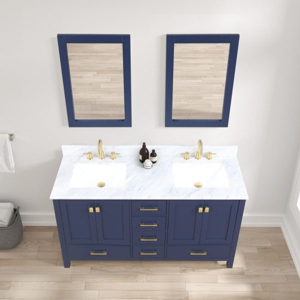 Geneva 60 inch Bathroom Vanity Navy Blue with Carrara Marble Countertop