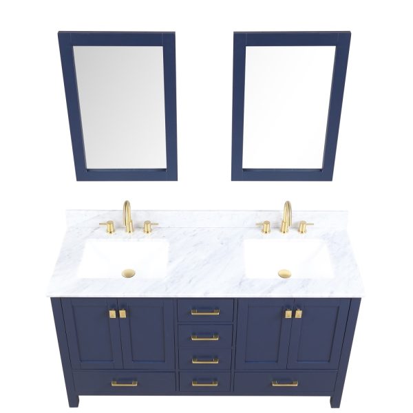 Geneva 60 inch Bathroom Vanity Navy Blue with Carrara Marble Countertop