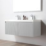 The Positano 48 inch Double Wall Mount Bathroom Vanity in Light Gray features a modern floating design with double sinks, ribbed textured front, and a sleek white countertop for a clean, sophisticated look.