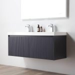 The Positano 48 inch Double Wall Mount Bathroom Vanity in Night Blue features dual sinks, a white countertop, ribbed dark cabinetry, and sits below a large mirror on a white wall. Two faucets and two bottles are placed between the sinks.