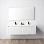 This modern bathroom showcases a Positano 60 Double Sink Wall Mount Vanity in Matte White with an Acrylic Top, complemented by a large rectangular mirror. The vanity is accented with black soap dispensers and a toothbrush holder, while the warm wooden floor enhances the contemporary ambiance.