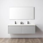 The minimalist bathroom features a Positano 60 inch Double Wall Mount Bathroom Vanity in Light Gray with an acrylic top and ribbed cabinet doors, complemented by a large rectangular mirror. Toiletries are neatly arranged on the countertop, and the wooden floor adds an elegant touch.