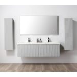 A modern bathroom showcases the Positano 60 inch Double Wall Mount Bathroom Vanity in Light Gray with Acrylic Top, paired with a large mirror, double sinks, and tall storage cabinets against a white wall and wood floor.