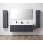 Modern bathroom with a Positano 60 inch Double Wall Mount Bathroom Vanity in Night Blue with Acrylic Top below a large rectangular mirror, flanked by two tall dark wood cabinets and toiletries on the floating double-sink countertop.