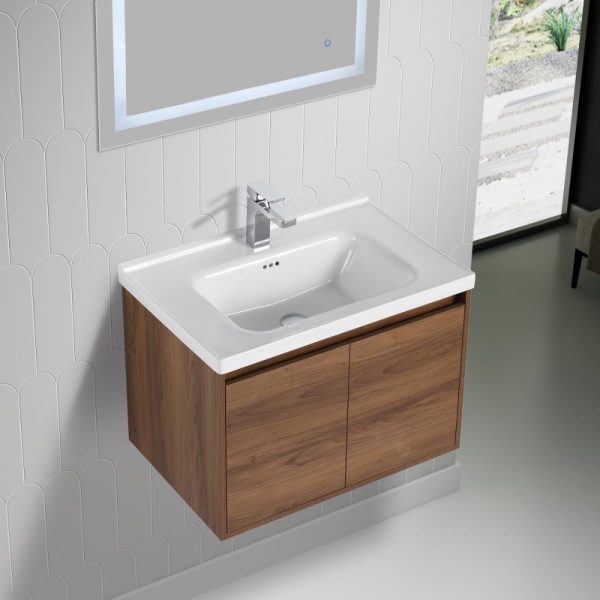 A modern bathroom showcases the Bern 32 Wall Mount Vanity in Brown Walnut, featuring a white rectangular sink with a sleek chrome faucet. The wall is adorned with light, textured tiles and complemented by a mirror above.