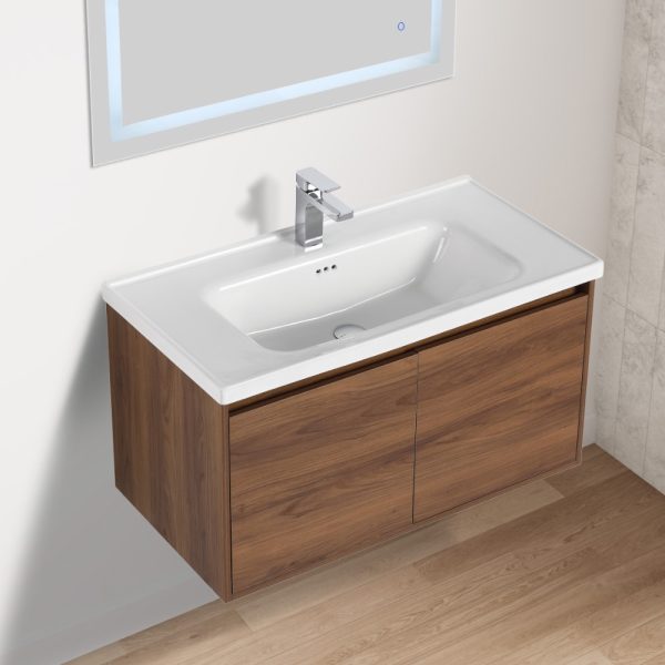 Bern 36 inch Wall Mount Bathroom Vanity in Brown Walnut With Sink