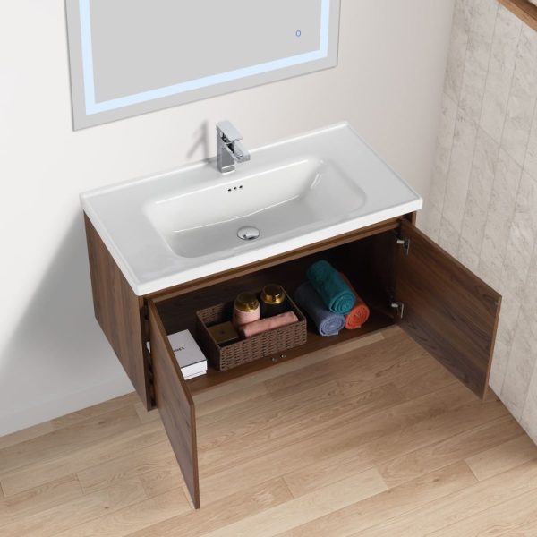 Bern 36 inch Wall Mount Bathroom Vanity in Brown Walnut With Sink
