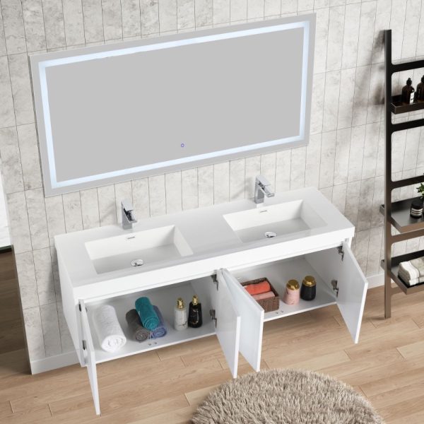 Bern 60 inch Wall Mount Bathroom Vanity in Glossy White With Double Sink