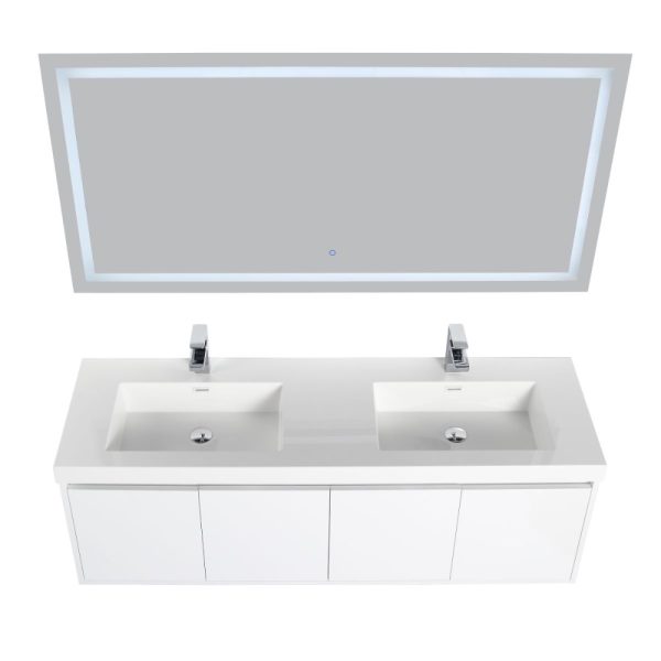 Bern 60 inch Wall Mount Bathroom Vanity in Glossy White With Double Sink