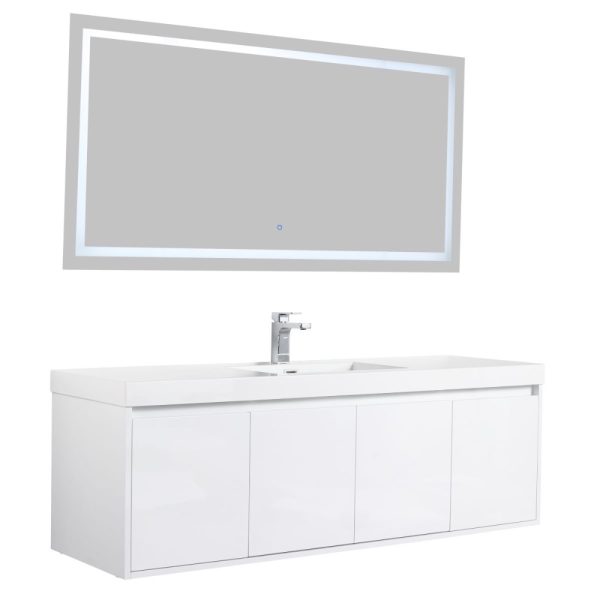 Bern 60 inch Wall Mount Bathroom Vanity in Glossy White With Single Sink