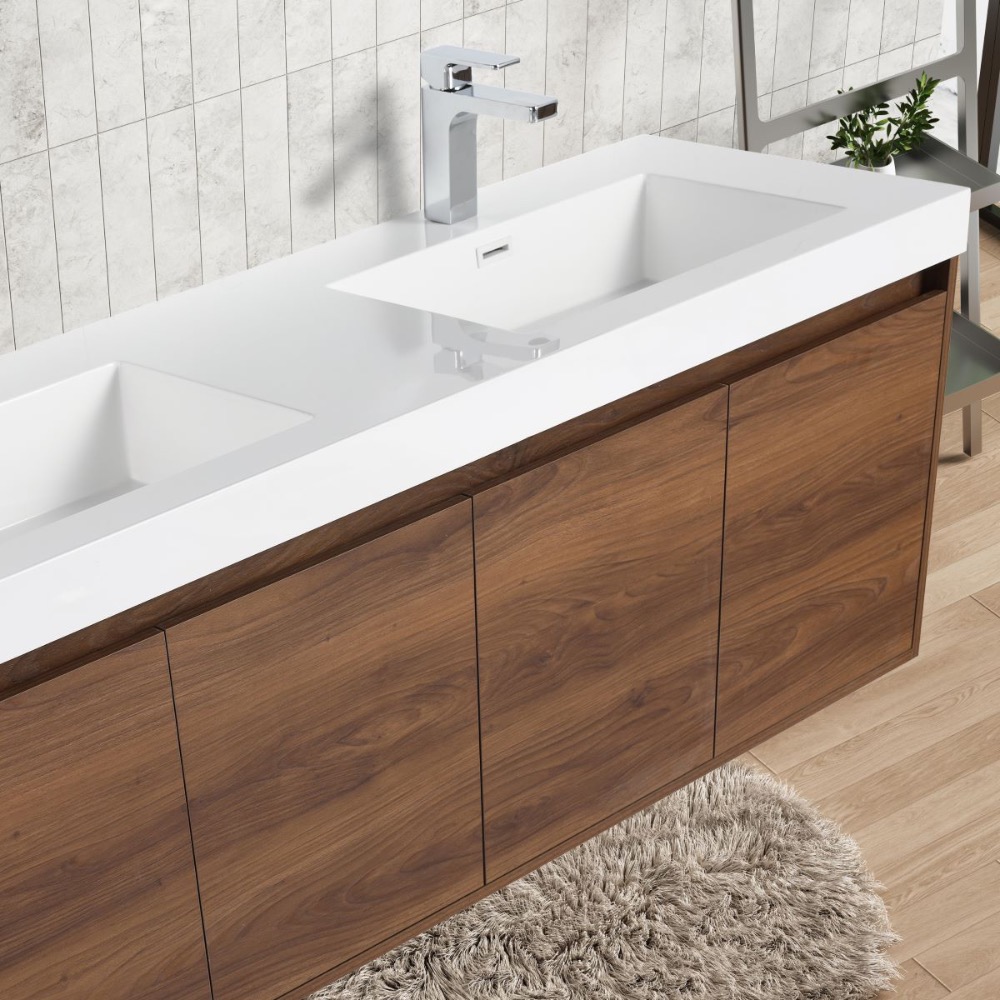 Bern 60 inch Wall Mount Bathroom Vanity in Brown Walnut With Double Sink