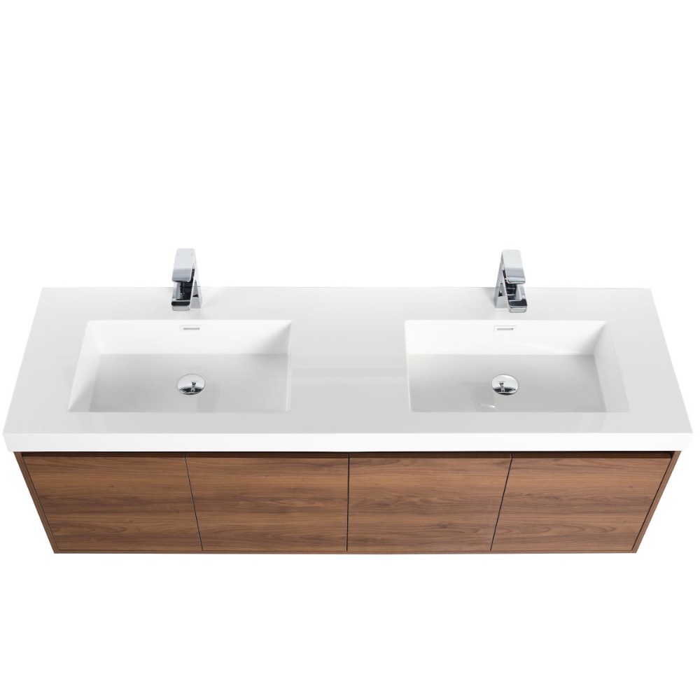 Bern 60 inch Wall Mount Bathroom Vanity in Brown Walnut With Double Sink