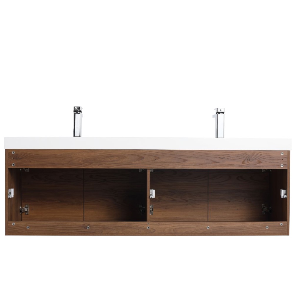 Bern 60 inch Wall Mount Bathroom Vanity in Brown Walnut With Double Sink