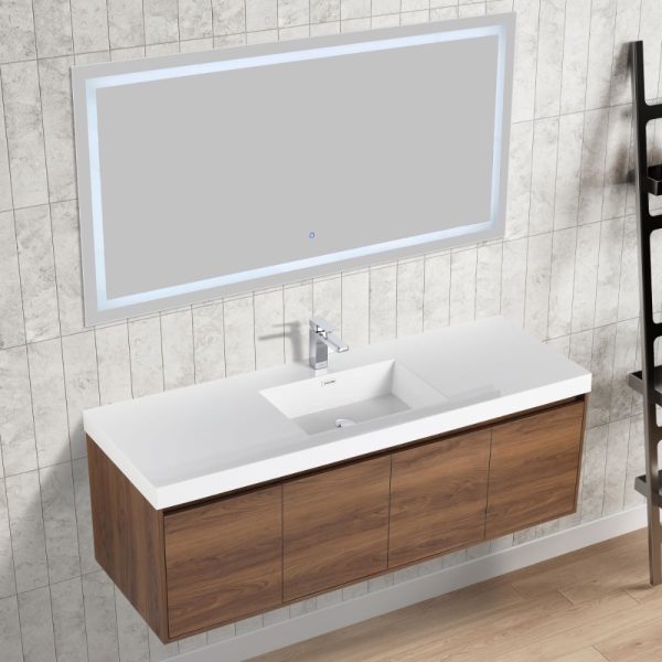 Bern 60 inch Wall Mount Bathroom Vanity in Brown Walnut With Single Sink