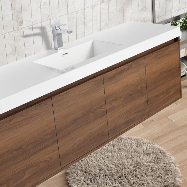 Bern 60 inch Wall Mount Bathroom Vanity in Brown Walnut With Single Sink