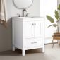 The Vanea 24 inch Bathroom Vanity in White with White Quartz Top features a modern sink, silver faucets, double-door cabinet, and a lower drawer. A round mirror, towel, and potted plant enhance the bright, minimalistic space.