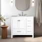 The modern bathroom features the Vanea 36 inch Bathroom Vanity in White with a white quartz top, sink, and chrome faucet. Two wall-mounted lights illuminate a round mirror above.