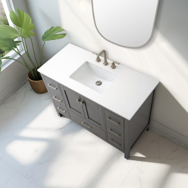 Vanea 48 inch Bathroom Vanity in Gray with White Quartz Top