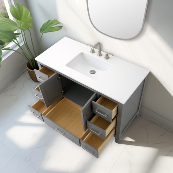 Vanea 48 inch Bathroom Vanity in Gray with White Quartz Top
