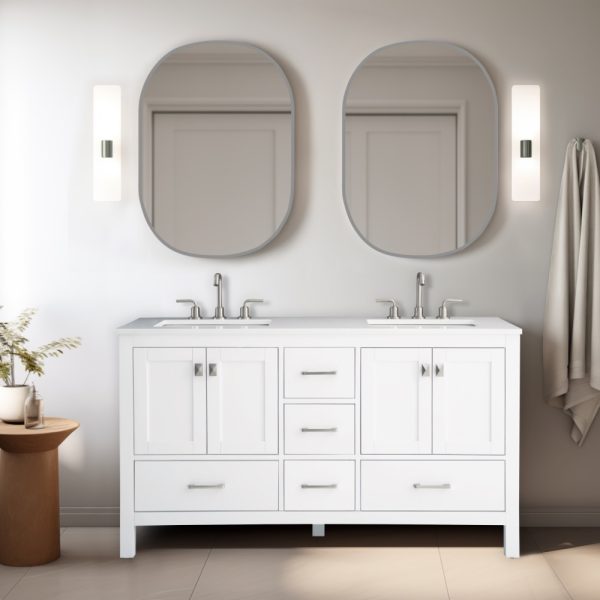 Vanea 60 inch Double Bathroom Vanity in White with White Quartz Top